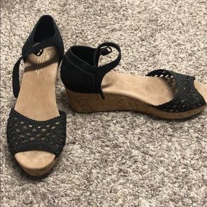 Toms Black Suede Wedge Sandal